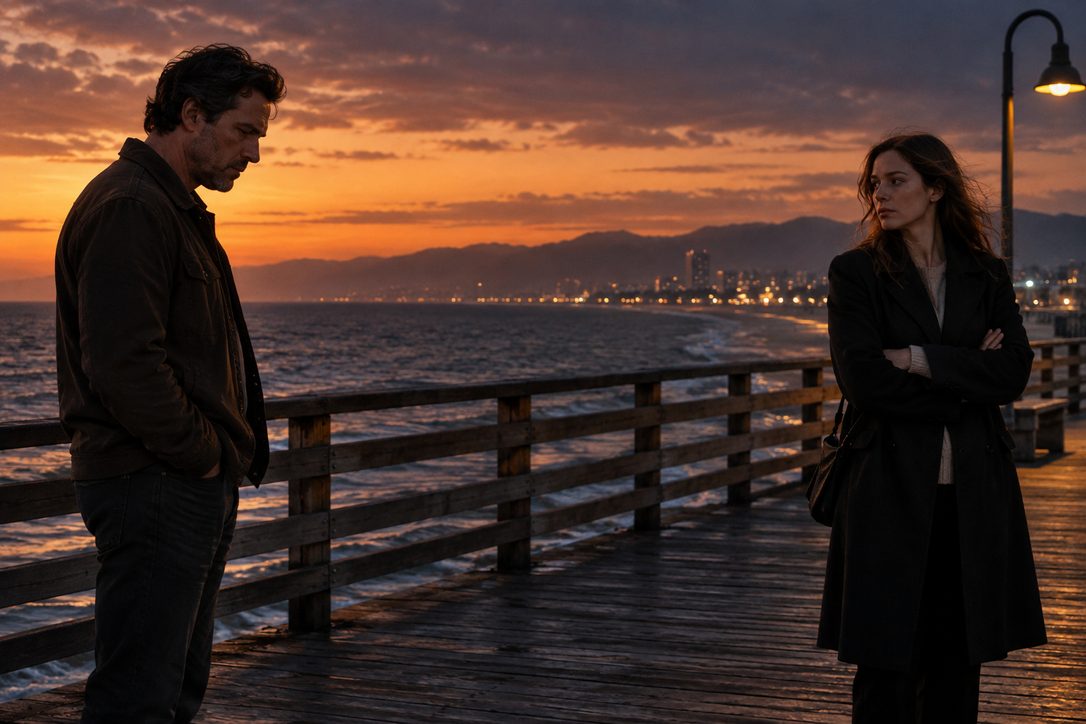 Two people stand apart on a coastal pier at sunset in a moment of dramatic tension.