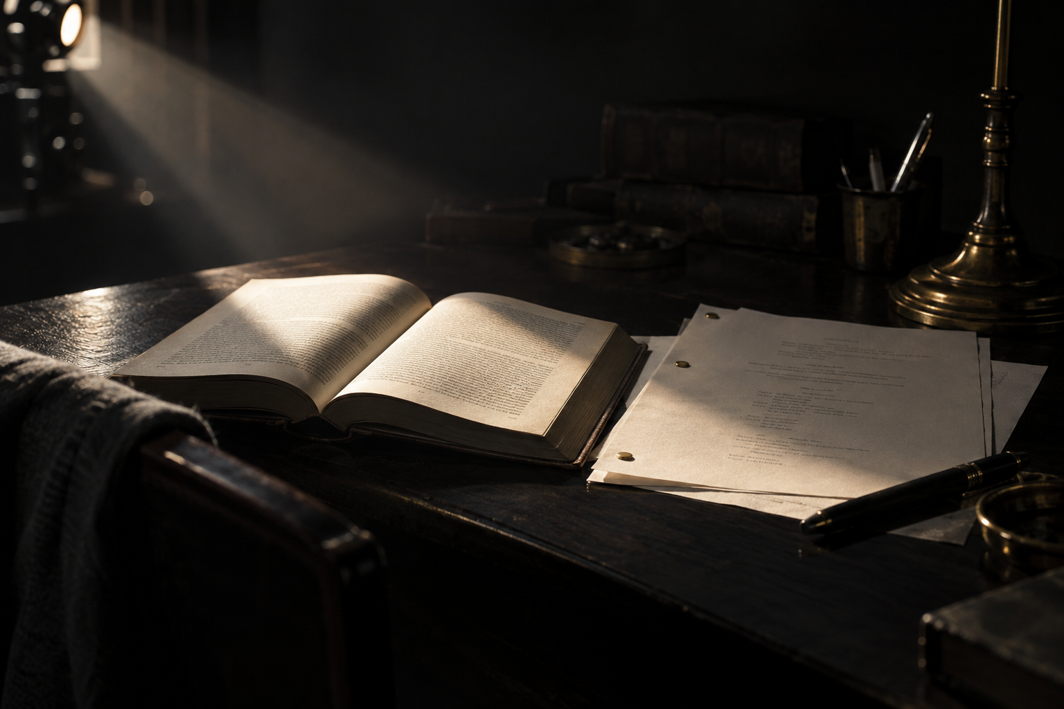 A novel and screenplay pages illuminated on a dark writing desk.