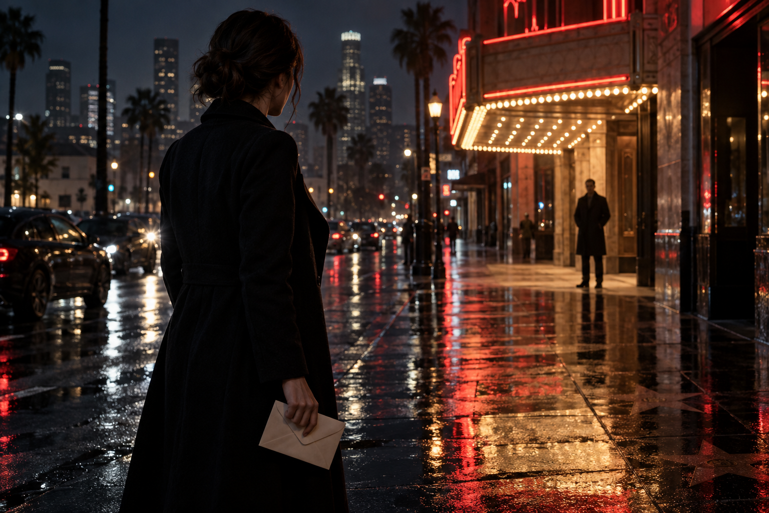 A woman carrying an envelope watches a distant figure outside a neon-lit Hollywood theatre on a rainy night.